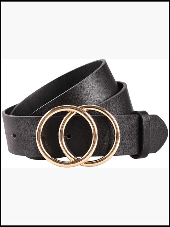 Women\'s Faux Leather Belt Gold Double Ring Buckle Medium Size main image 5